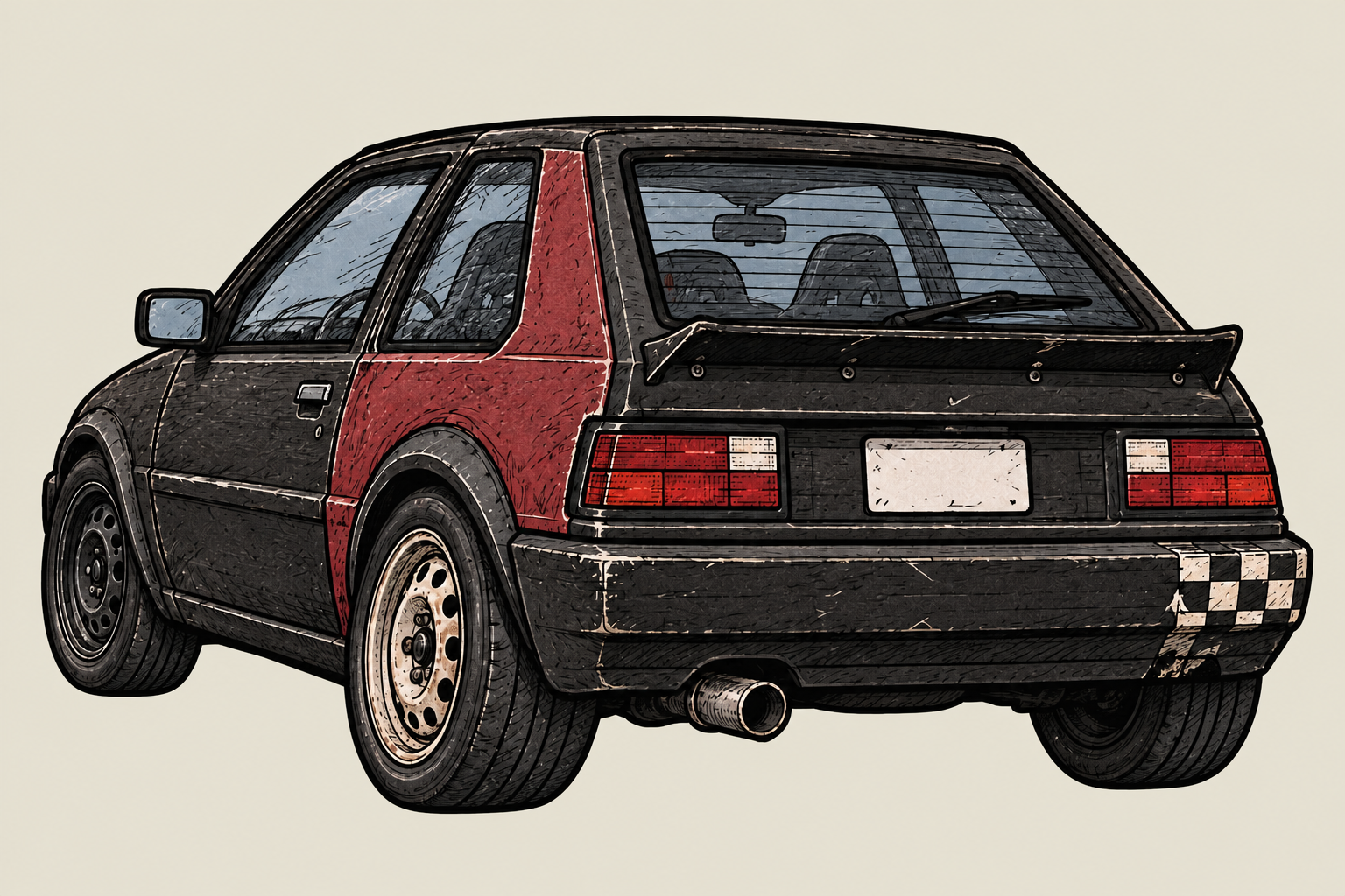 Gutterbird, a battered charcoal and red hot hatch