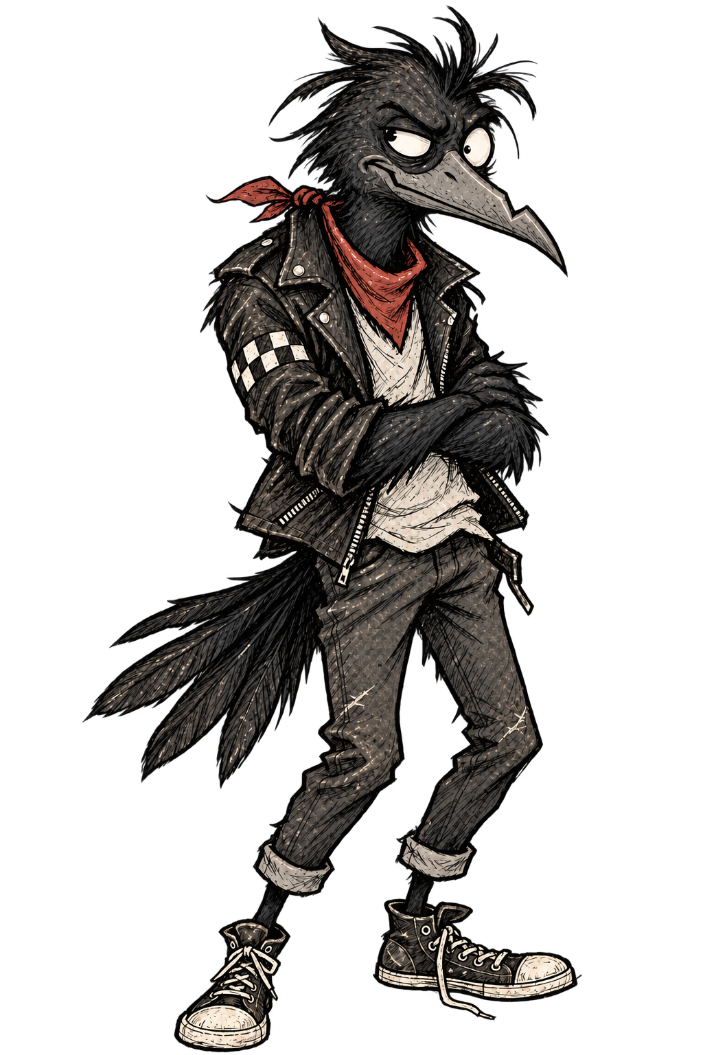 A slouching crow racer with uneven eyes, a crooked beak, unruly feathers, red neckerchief, and battered leather jacket.